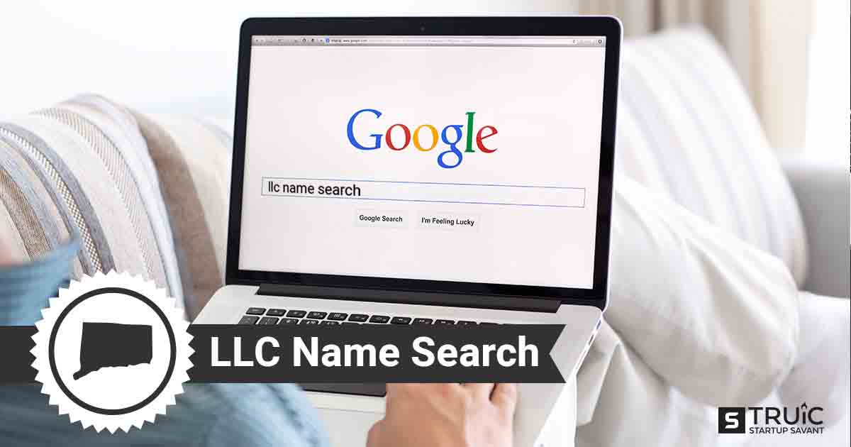 A laptop with a search engine open that says "LLC Name Search"